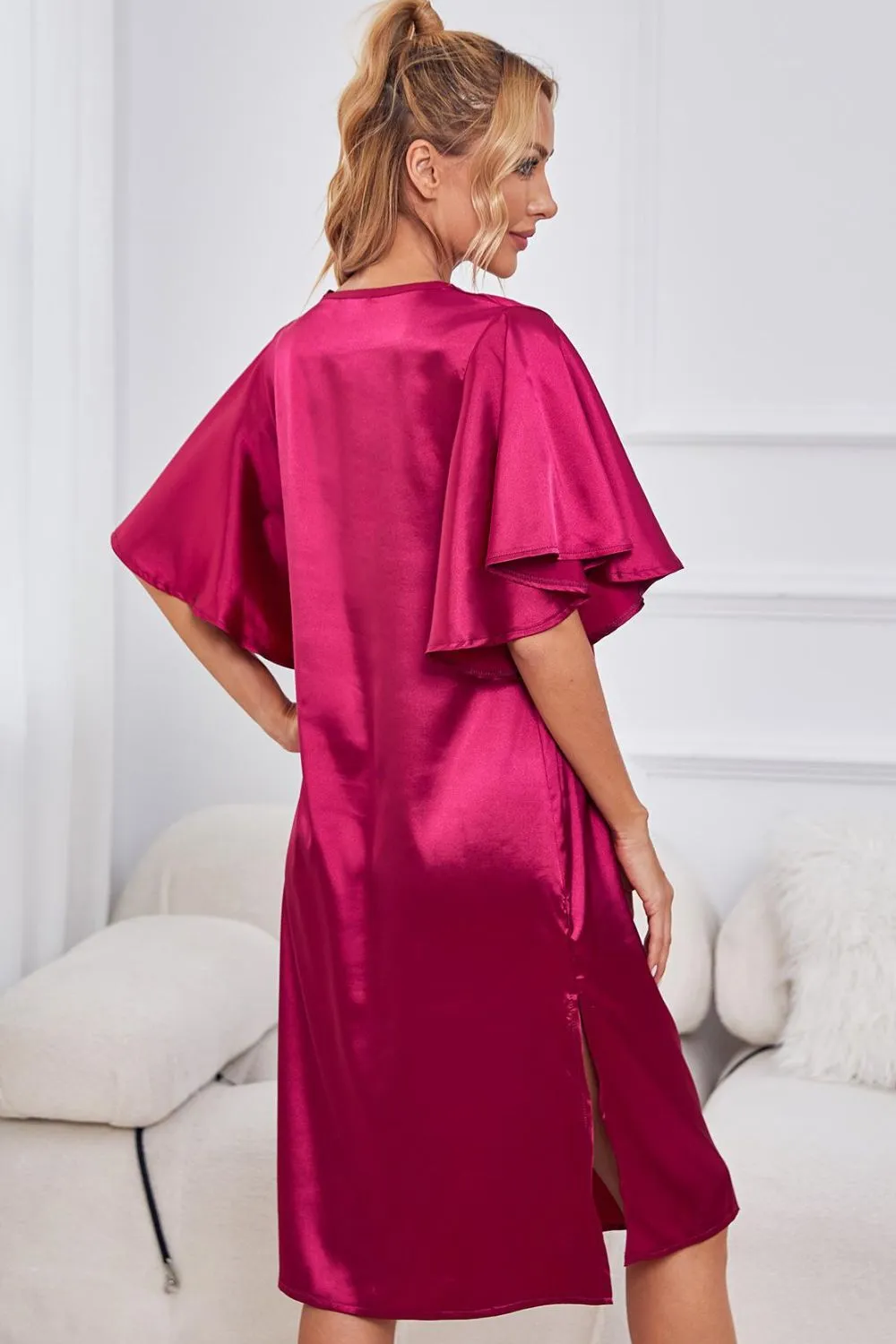 Satin Flutter Sleeve Side Slit V-Neck Night Dress sold by Gigi Laurent product image thumbnail 2