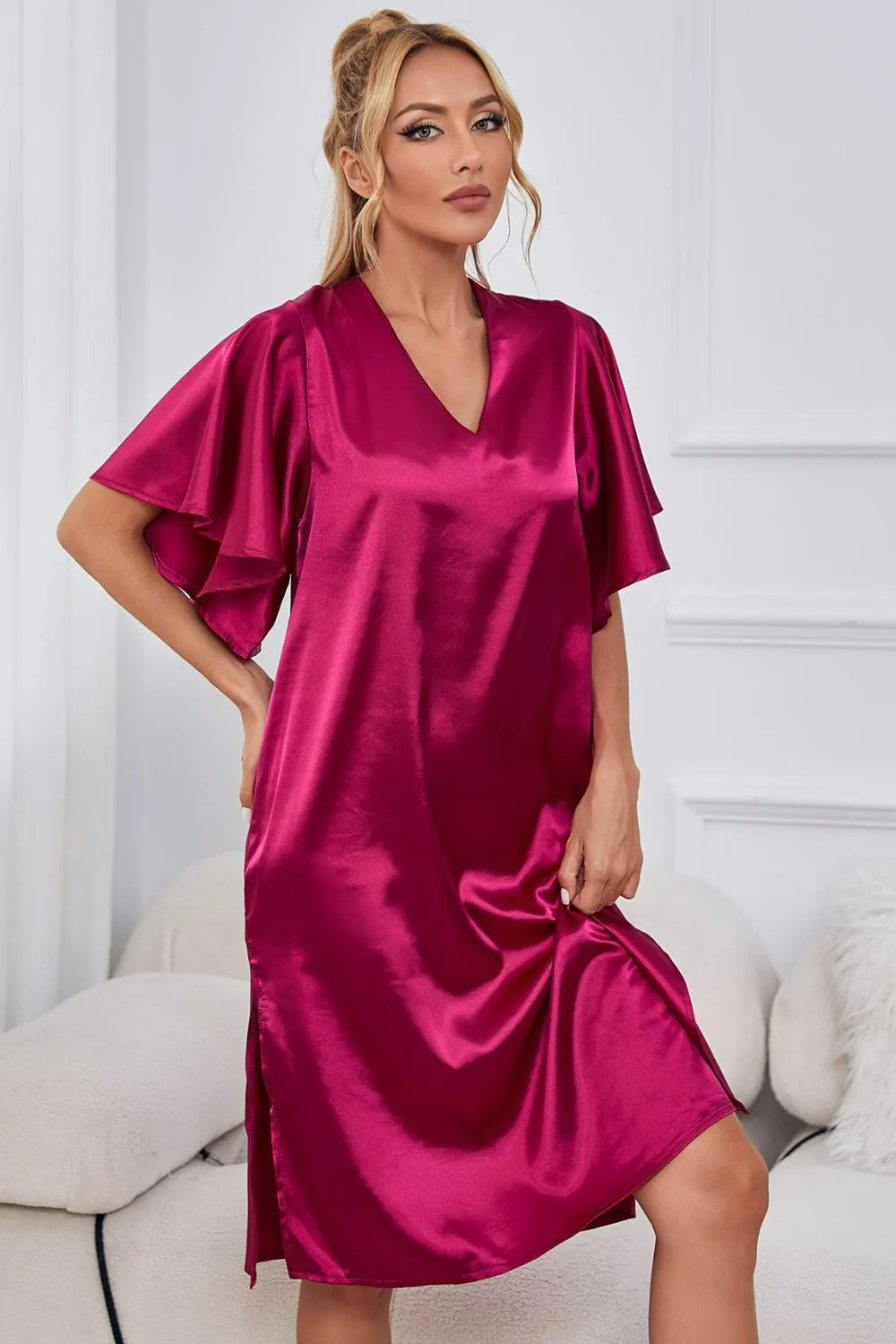 Satin Flutter Sleeve Side Slit V-Neck Night Dress sold by Gigi Laurent product image thumbnail 5