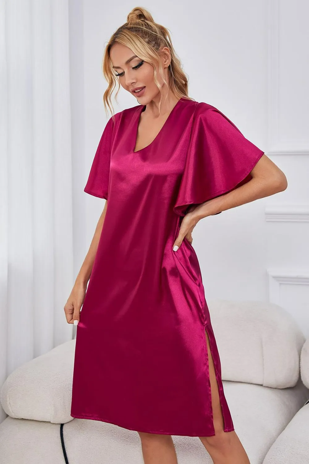 Satin Flutter Sleeve Side Slit V-Neck Night Dress sold by Gigi Laurent