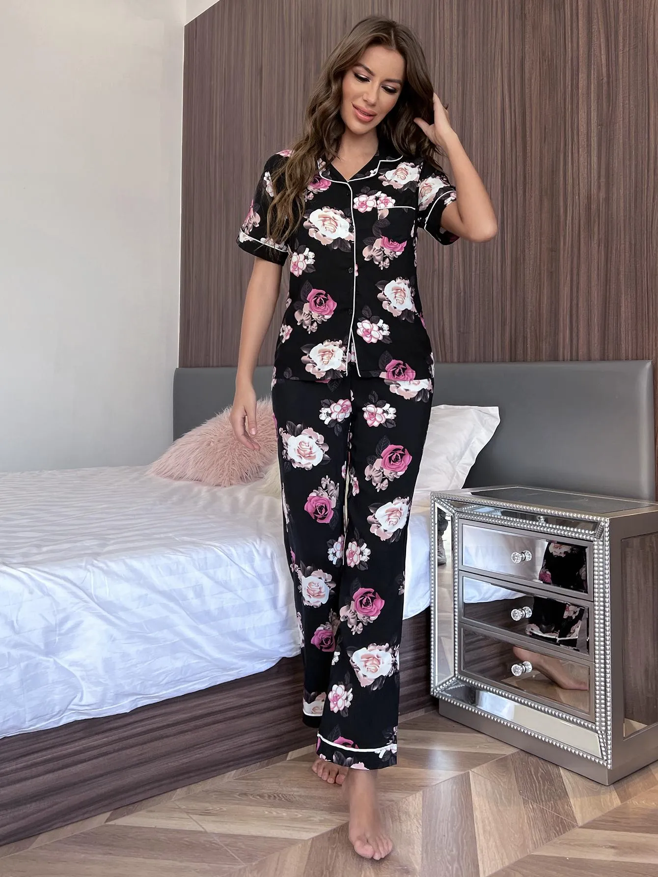 Floral Short Sleeve Shirt and Pants Lounge Set sold by Gigi Laurent product image thumbnail 5