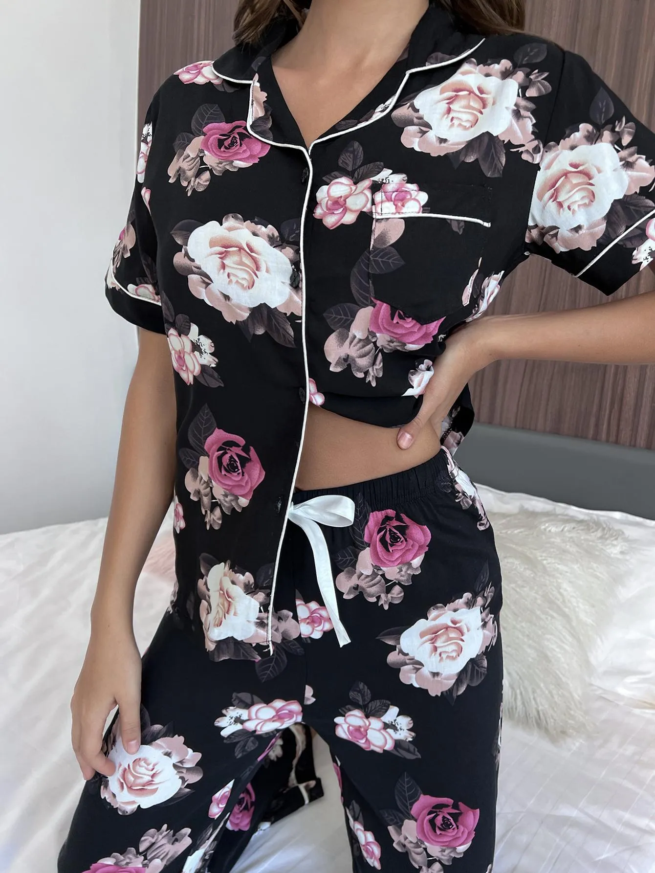 Floral Short Sleeve Shirt and Pants Lounge Set sold by Gigi Laurent product image thumbnail 4
