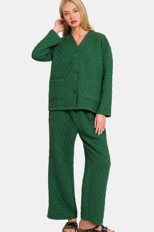 Zenana Quilted Button Up Long Sleeve Top and Pants Lounge Set sold by Gigi Laurent product image thumbnail 3