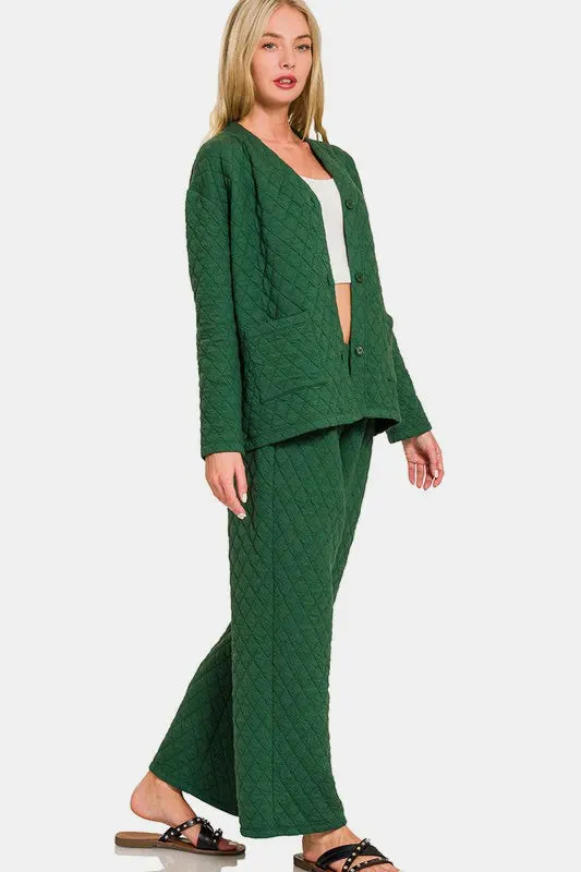 Zenana Quilted Button Up Long Sleeve Top and Pants Lounge Set sold by Gigi Laurent product image thumbnail 2
