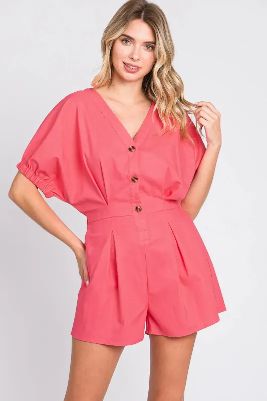 GeeGee Half Button V-Neck Linen Romper sold by Gigi Laurent