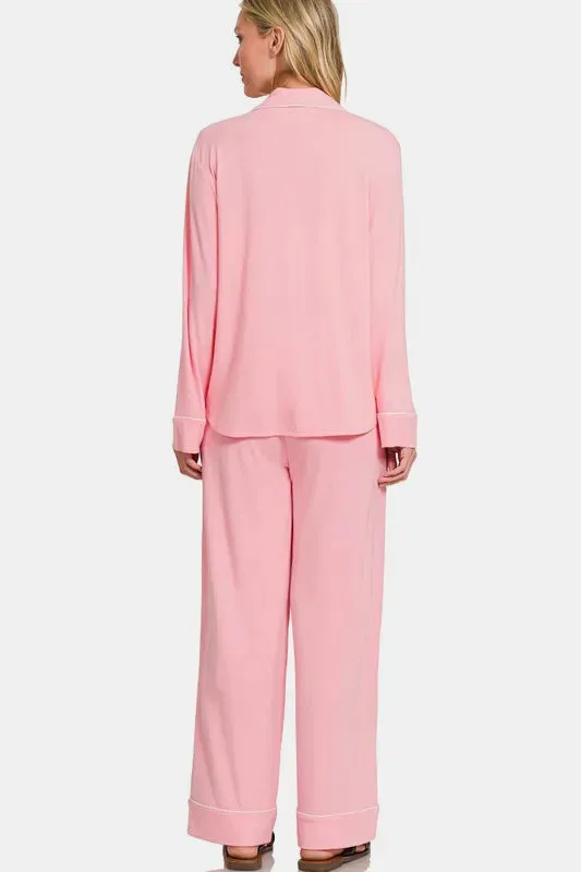 Zenana Button Down Long Sleeve Top and Pants Lounge Set sold by Gigi Laurent product image thumbnail 2