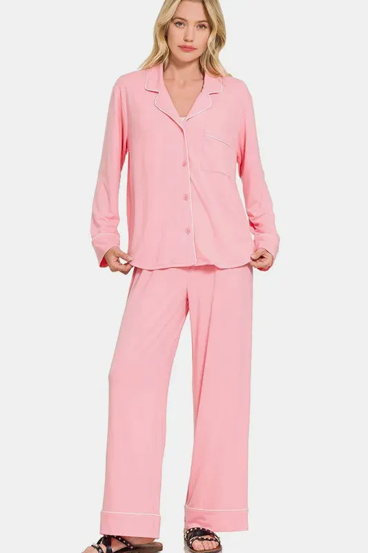 Zenana Button Down Long Sleeve Top and Pants Lounge Set sold by Gigi Laurent