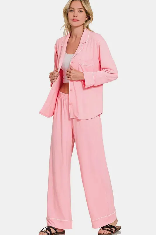 Zenana Button Down Long Sleeve Top and Pants Lounge Set sold by Gigi Laurent product image thumbnail 3