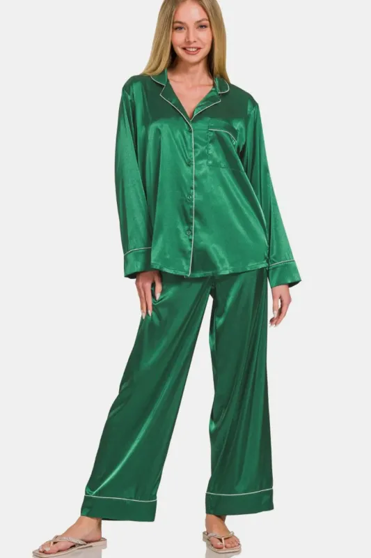 Zenana Satin Long Sleeve Shirt and Pants Pajama Set sold by Gigi Laurent