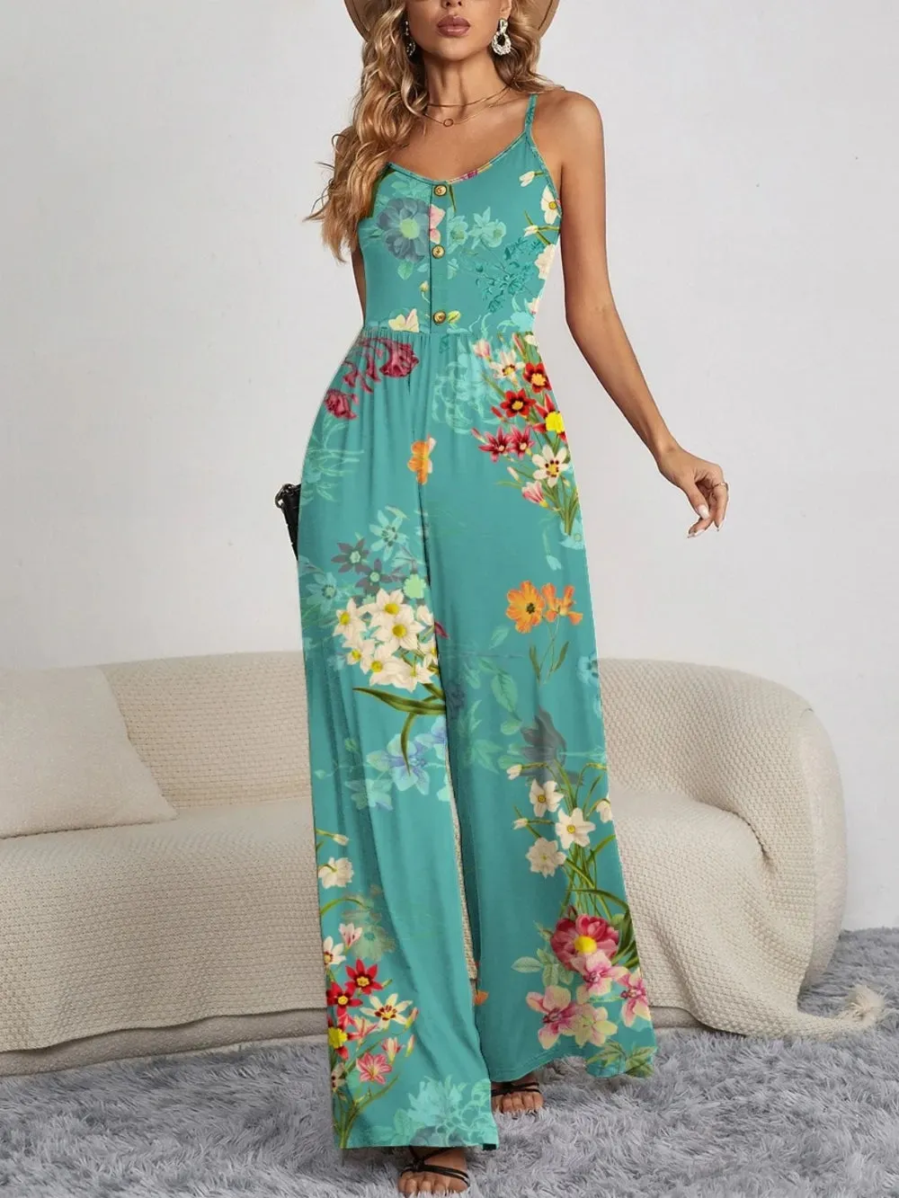 FAM-FAM Decorative Button Spaghetti Strap Wide Leg Jumpsuit sold by Gigi Laurent product image thumbnail 4