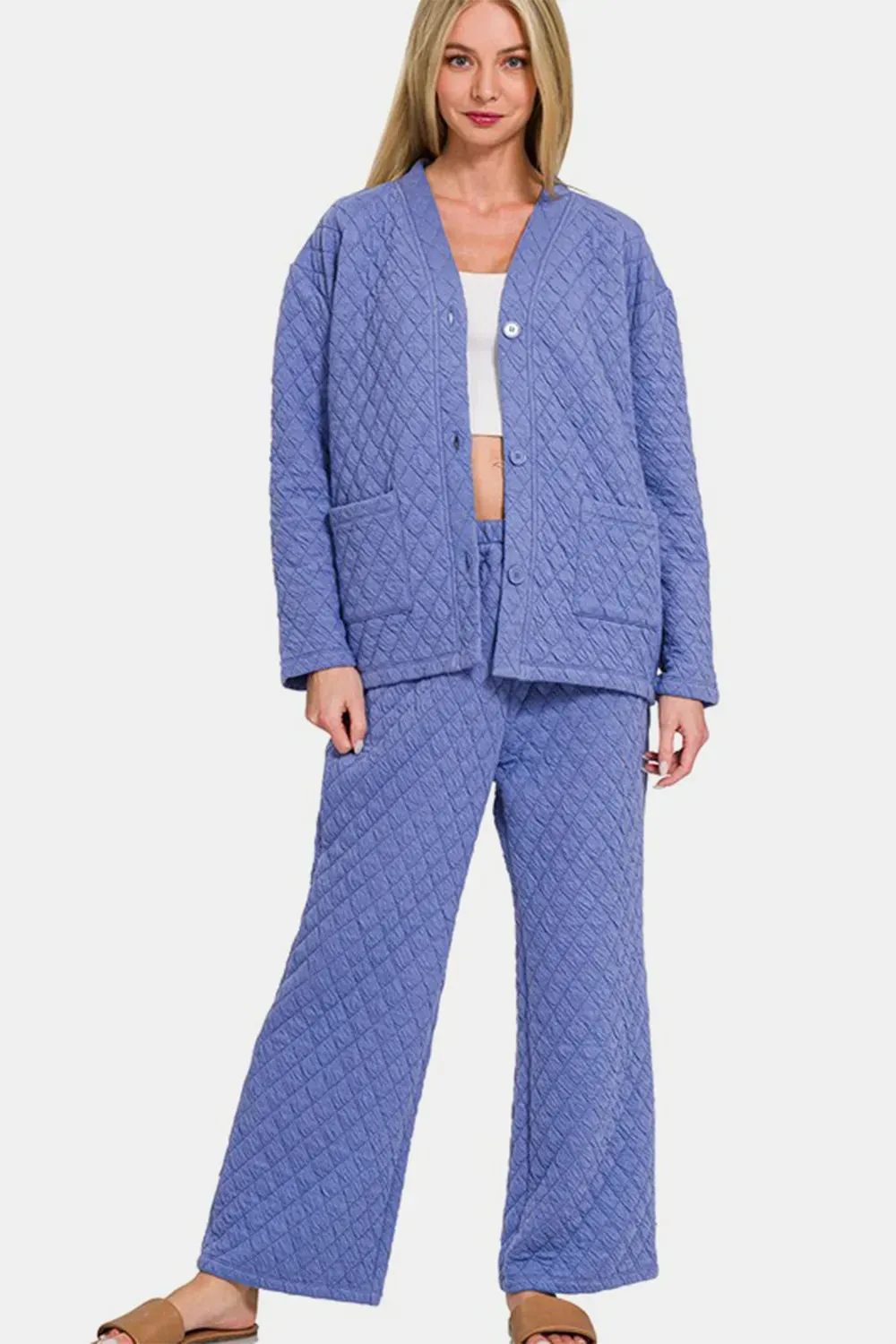 Zenana Quilted Button Up Long Sleeve Top and Pants Lounge Set sold by Gigi Laurent