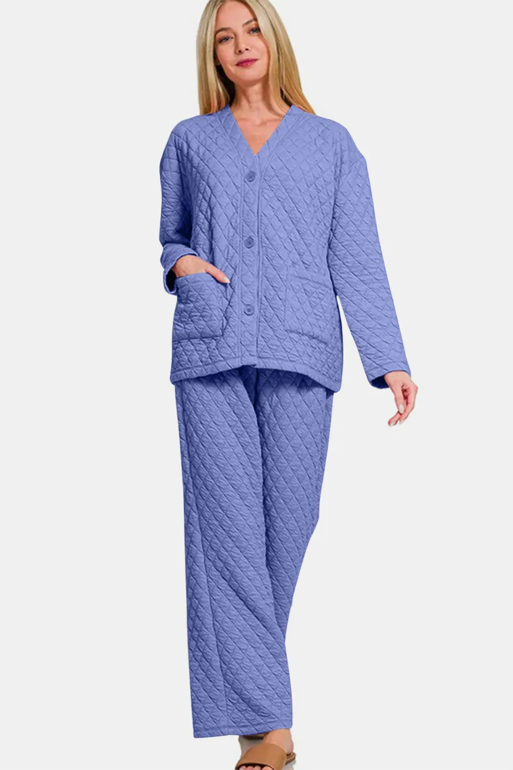 Zenana Quilted Button Up Long Sleeve Top and Pants Lounge Set sold by Gigi Laurent product image thumbnail 3