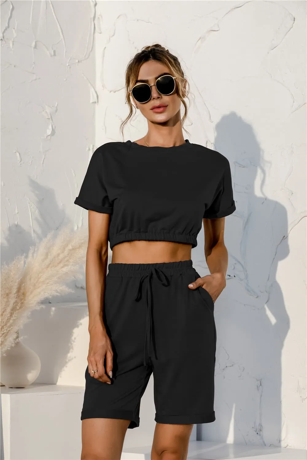Short Sleeve Cropped Top and Drawstring Shorts Lounge Set sold by Gigi Laurent