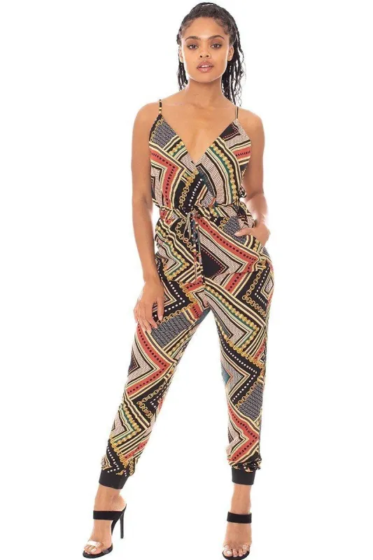 Boarder Print Wrap Drawstring Waist Jumpsuit made by C.C