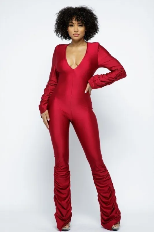 Yoga Shoulder Padded Ruched Stacked Jumpsuit sold by Gigi Laurent