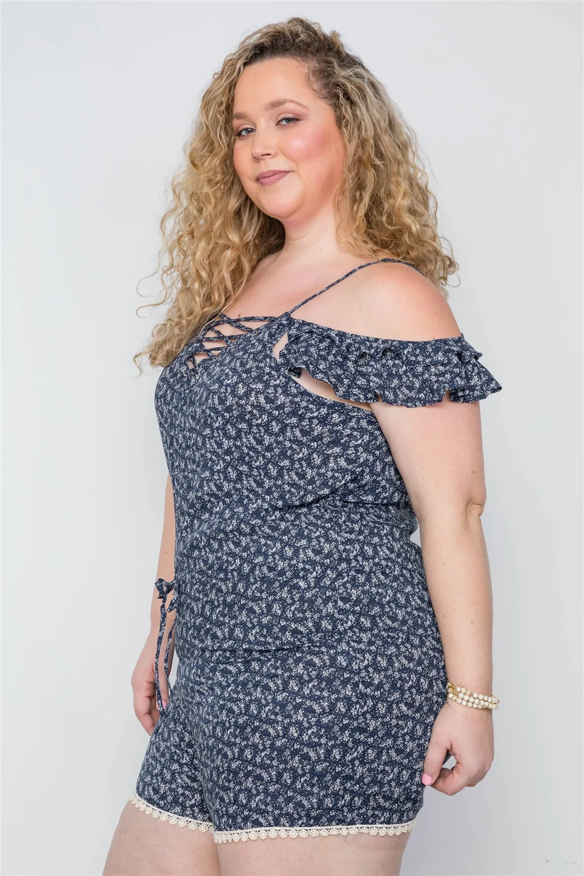 Plus Size Navy Floral Print Lace Up Romper sold by Gigi Laurent product image thumbnail 3