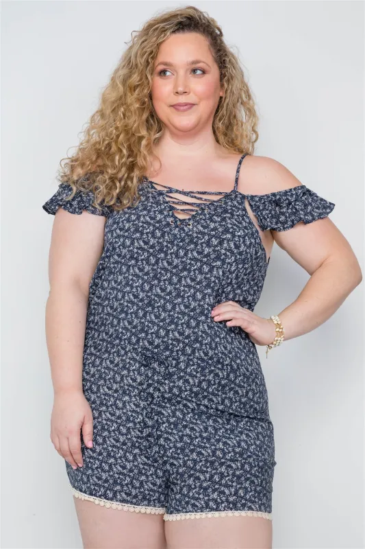 Plus Size Navy Floral Print Lace Up Romper sold by Gigi Laurent