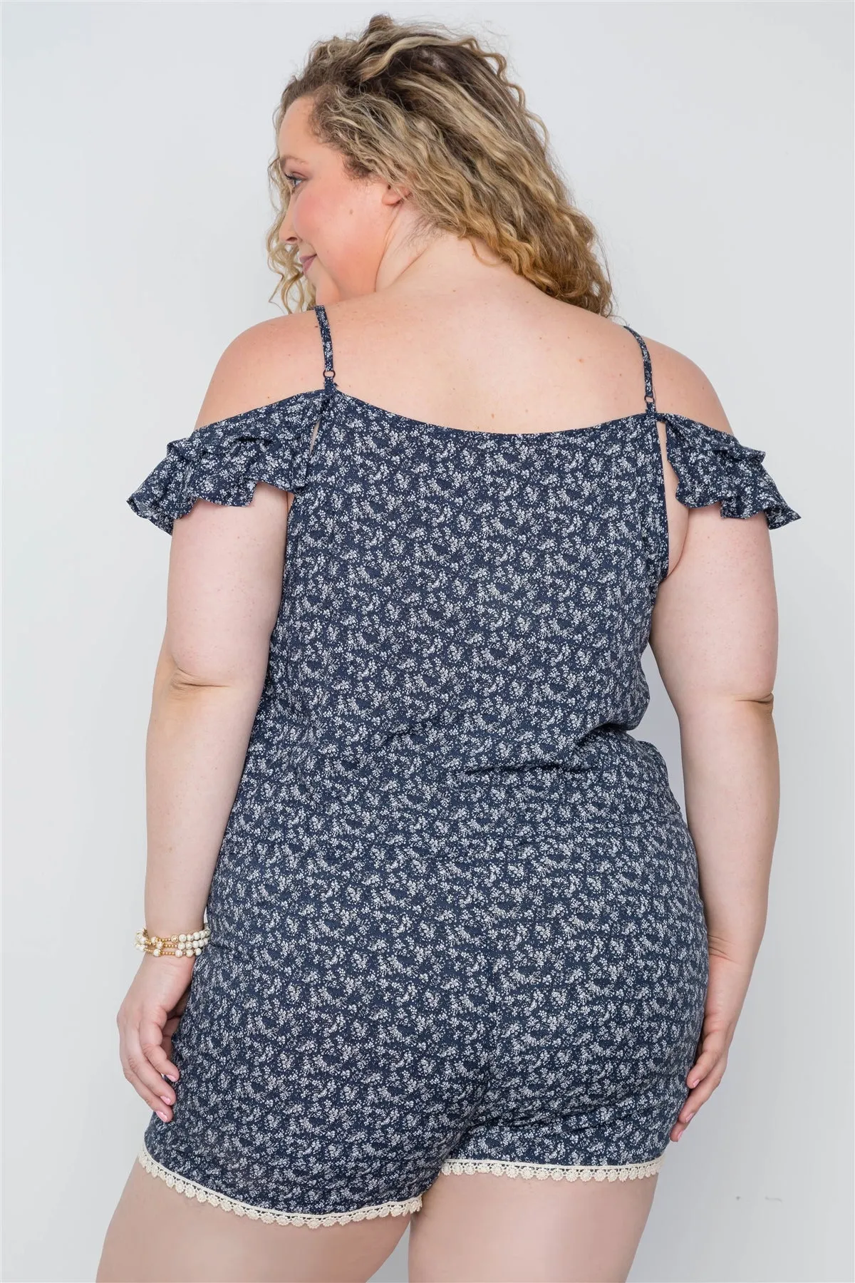 Plus Size Navy Floral Print Lace Up Romper sold by Gigi Laurent product image thumbnail 4