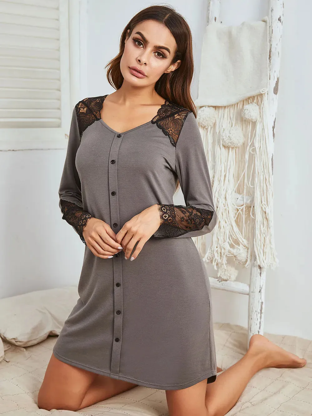 Lace Detail Long Sleeve Mini Lounge Dress sold by Gigi Laurent product image thumbnail 4