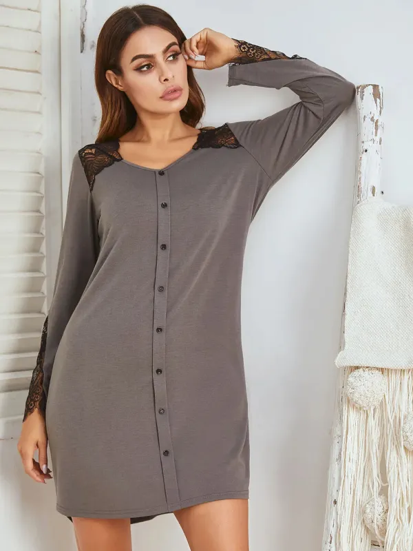 Lace Detail Long Sleeve Mini Lounge Dress sold by Gigi Laurent