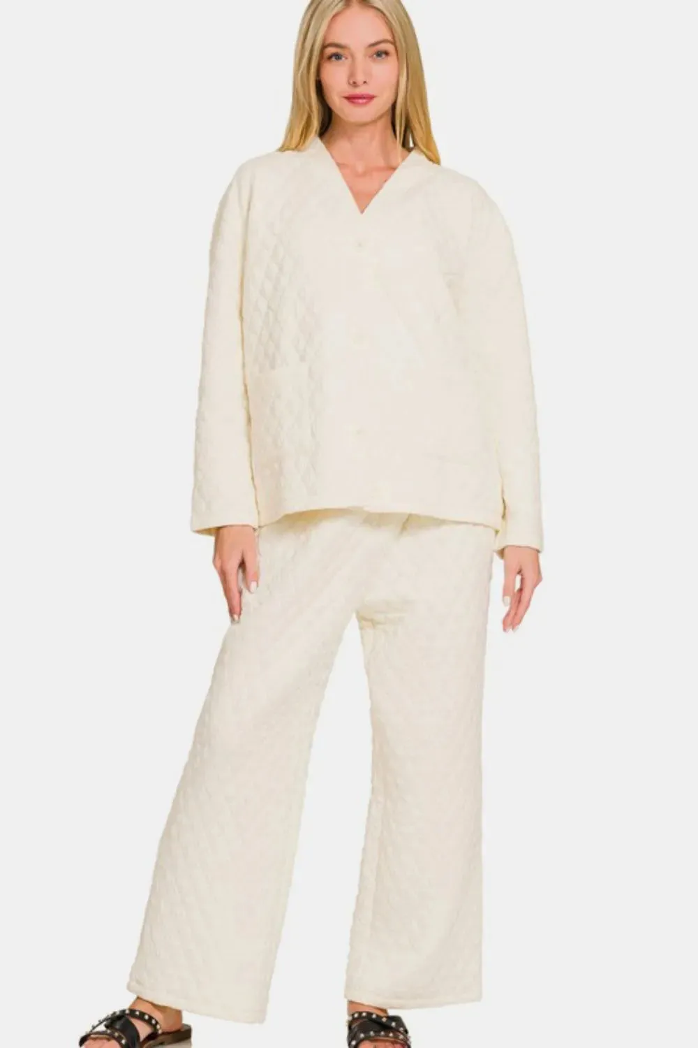 Zenana Quilted Button Up Long Sleeve Top and Pants Lounge Set sold by Gigi Laurent