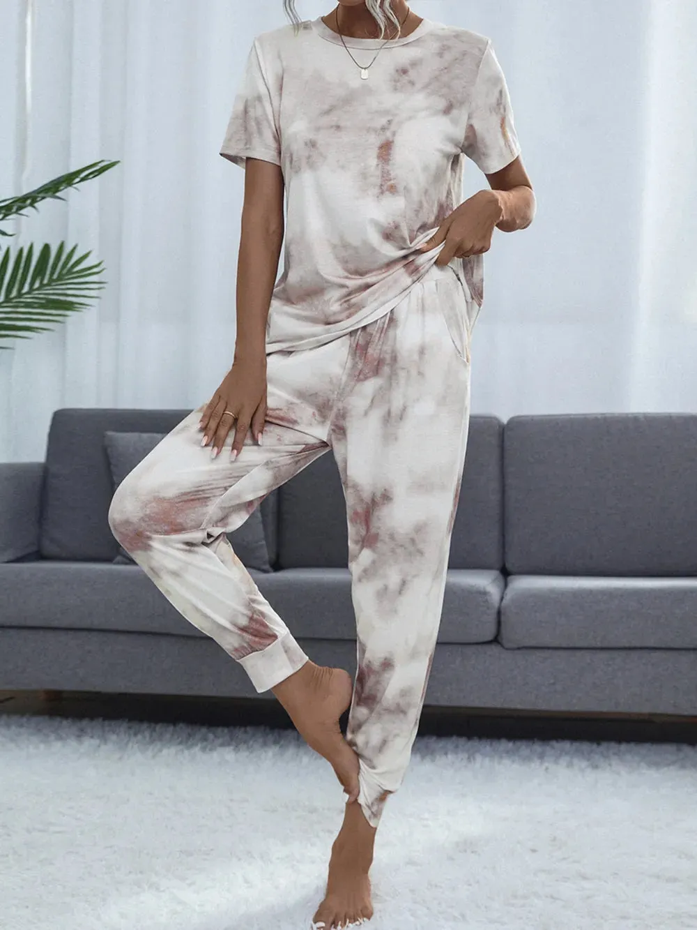 Shiny Tie-Dye Round Neck Short Sleeve Top and Pants Lounge Set sold by Gigi Laurent product image thumbnail 3