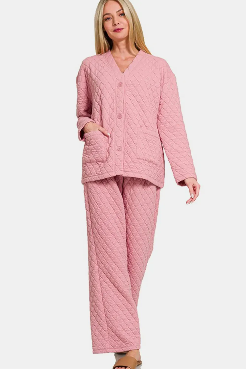 Zenana Quilted Button Up Long Sleeve Top and Pants Lounge Set sold by Gigi Laurent