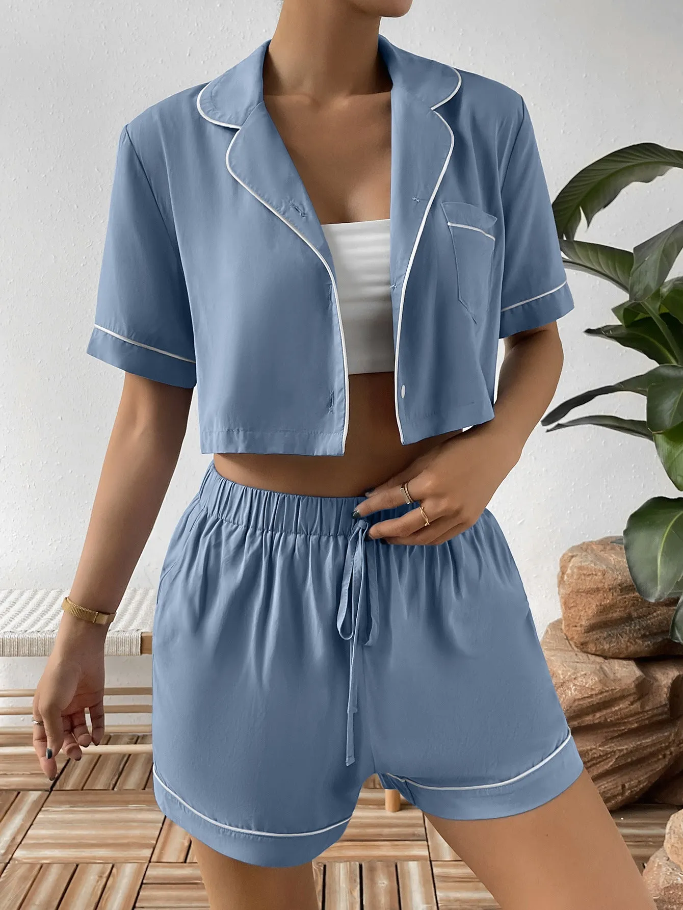 Ivy Lane Contrast Lapel Collar Cropped Shirt and Shorts Lounge Set sold by Gigi Laurent product image thumbnail 3