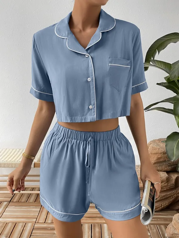 Ivy Lane Contrast Lapel Collar Cropped Shirt and Shorts Lounge Set sold by Gigi Laurent