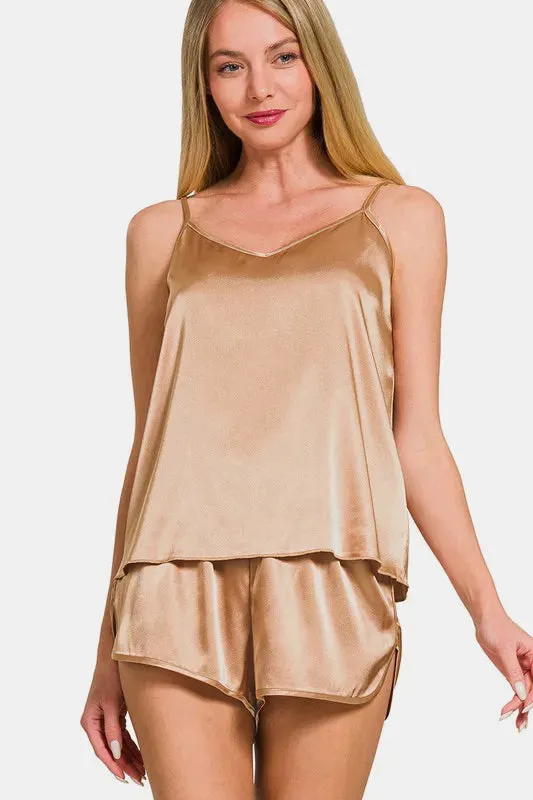 Zenana V-Neck Satin Cami and Elastic Waist Shorts Lounge Set sold by Gigi Laurent