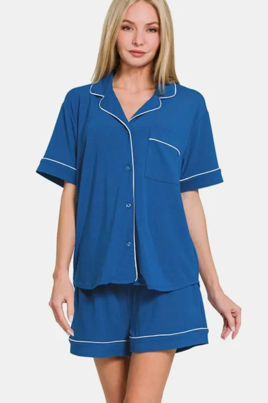 Zenana Button Down Short Sleeve Top and Shorts Lounge Set sold by Gigi Laurent