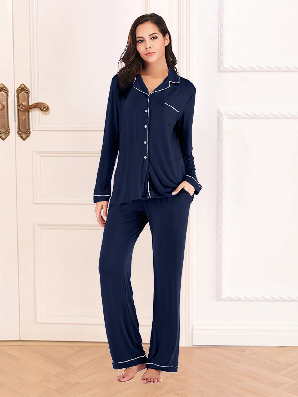 Collared Neck Long Sleeve Loungewear Set with Pockets sold by Gigi Laurent