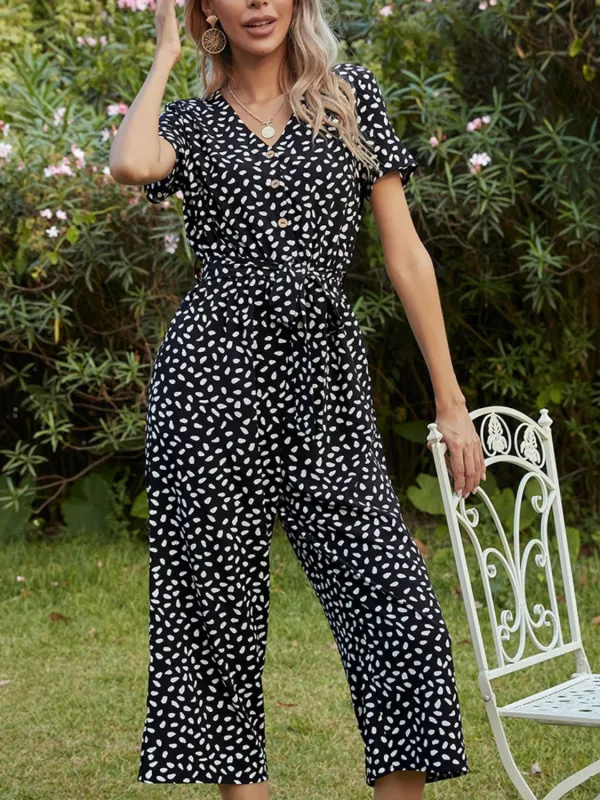 Ivy Lane Printed V-Neck Short Sleeve Jumpsuit sold by Gigi Laurent