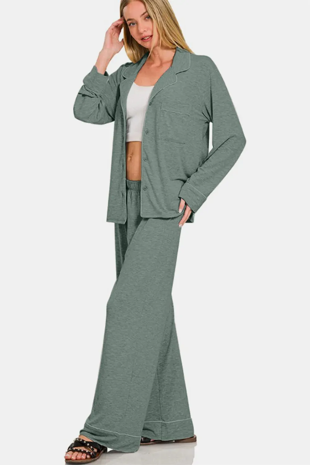Zenana Button Down Long Sleeve Top and Pants Lounge Set sold by Gigi Laurent product image thumbnail 2