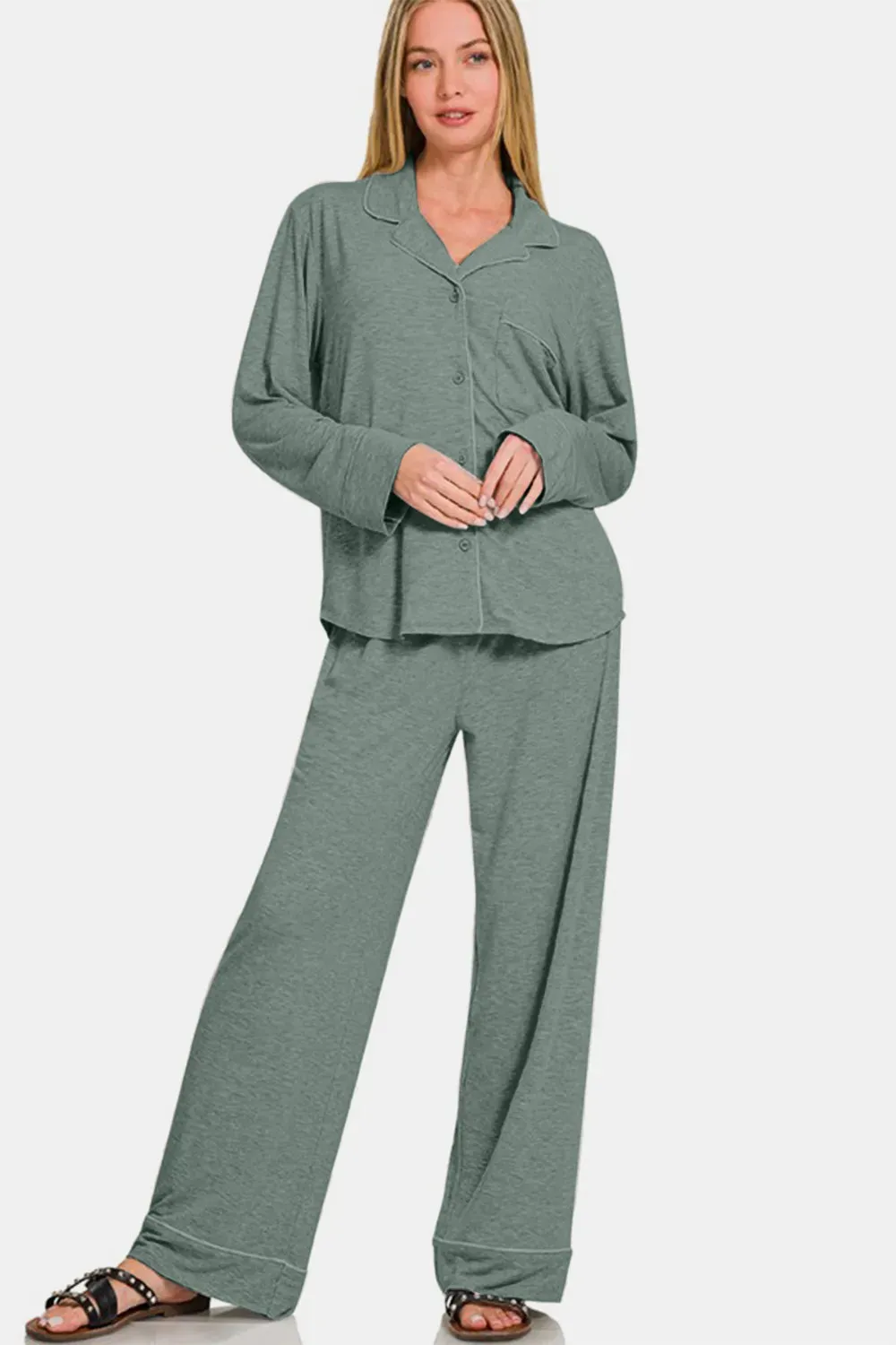Zenana Button Down Long Sleeve Top and Pants Lounge Set sold by Gigi Laurent product image thumbnail 3