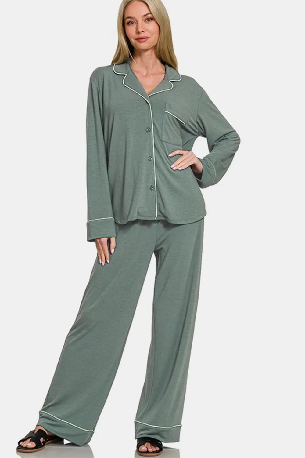 Zenana Button Down Long Sleeve Top and Pants Lounge Set sold by Gigi Laurent