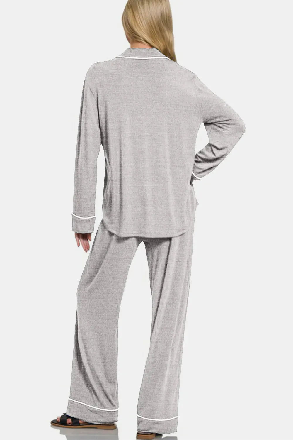 Zenana Button Down Long Sleeve Top and Pants Lounge Set sold by Gigi Laurent product image thumbnail 2