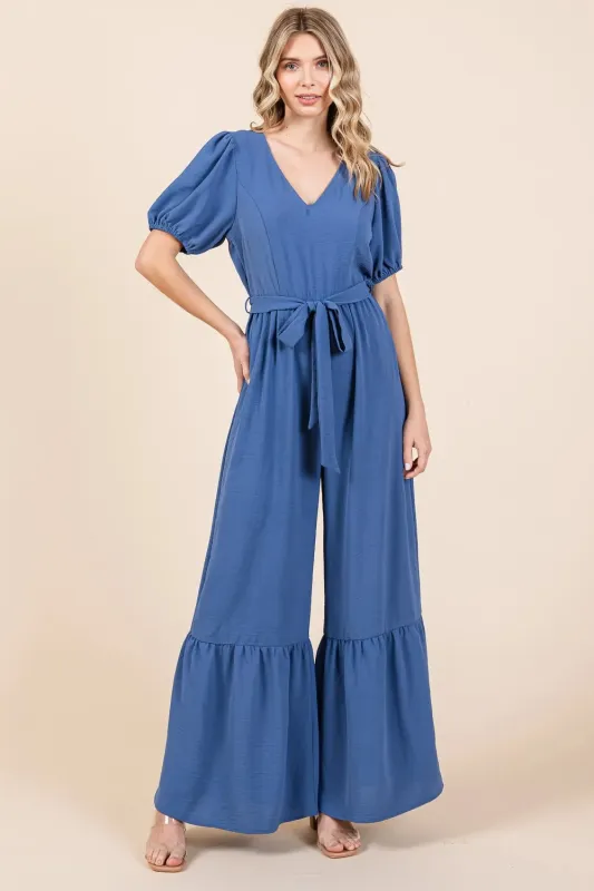 GeeGee Full Size V-Neck Belted Wide Leg Jumpsuit sold by Gigi Laurent