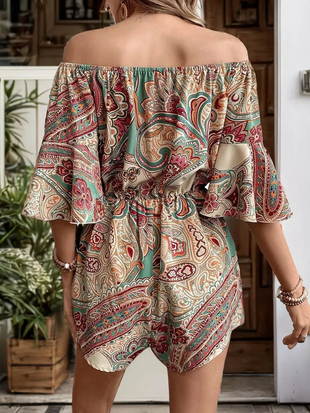 Perfee Printed Off Shoulder Half Sleeve Romper sold by Gigi Laurent product image thumbnail 2