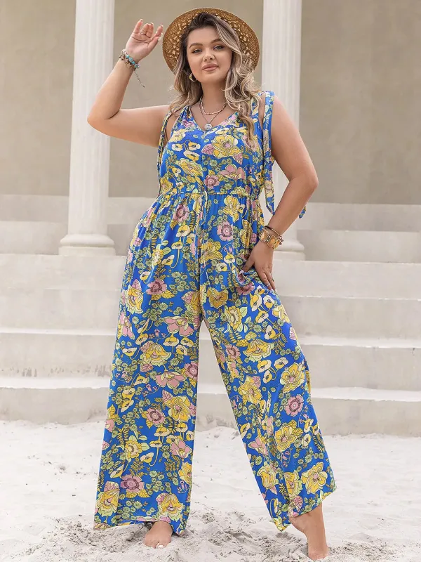 Plus Size Printed V-Neck Wide Leg Jumpsuit sold by Gigi Laurent