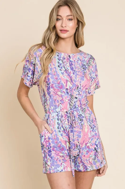 BOMBOM Print Short Sleeve Romper with Pockets sold by Gigi Laurent