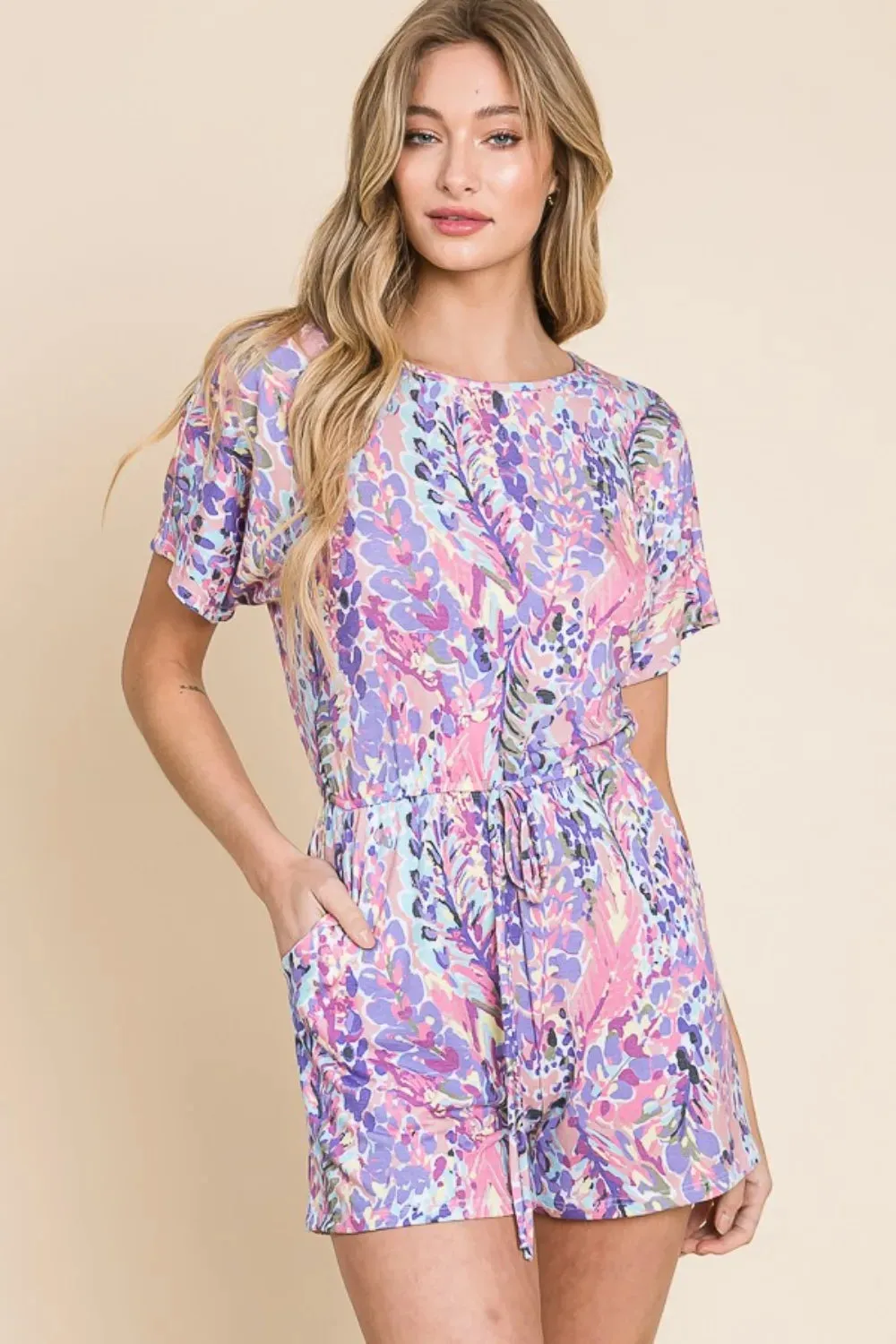 BOMBOM Print Short Sleeve Romper with Pockets sold by Gigi Laurent