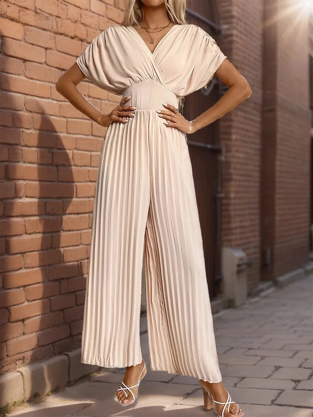 Perfee Pleated Short Sleeve Wide Leg Jumpsuit sold by Gigi Laurent