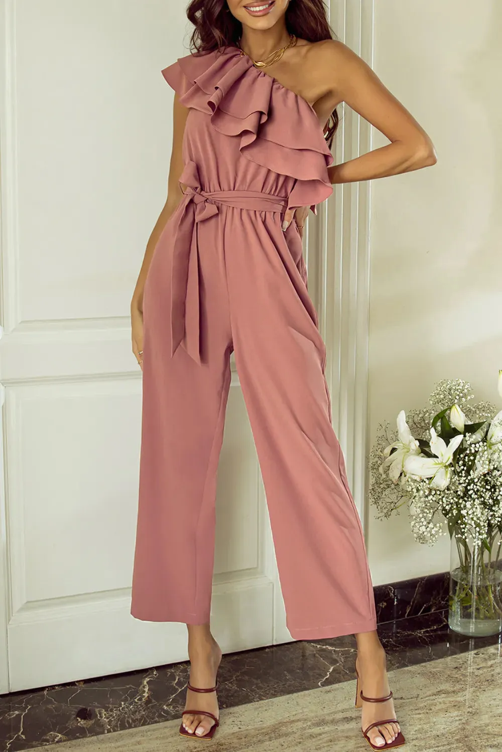 Ruffled Tied One-Shoulder Jumpsuit sold by Gigi Laurent