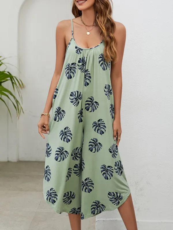 Botanical Print Spaghetti Strap Scoop Neck Jumpsuit made by Trendsi