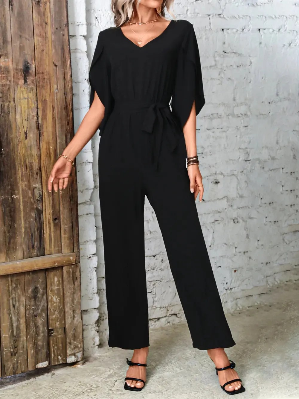 Tied V-Neck Half Sleeve Wide Leg Jumpsuit sold by Gigi Laurent product image thumbnail 4