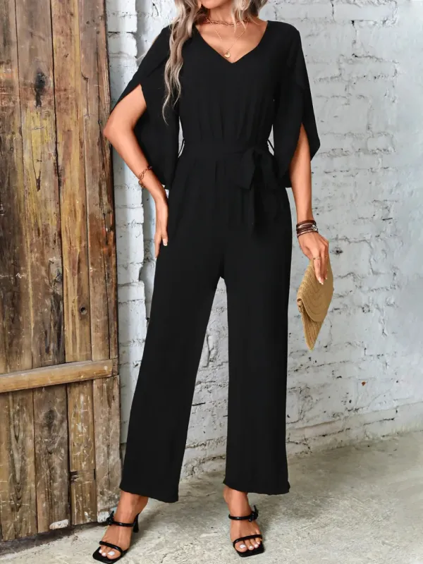 Tied V-Neck Half Sleeve Wide Leg Jumpsuit sold by Gigi Laurent