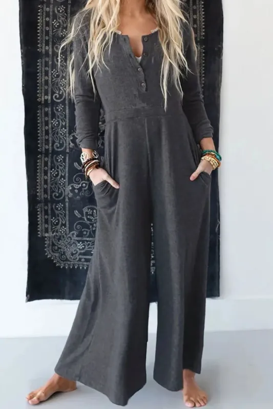 Pocketed Long Sleeve Wide Leg Jumpsuit sold by Gigi Laurent