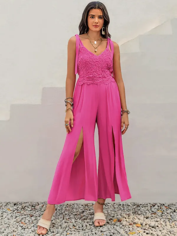 V-Neck Wide Strap Slit Jumpsuit sold by Gigi Laurent