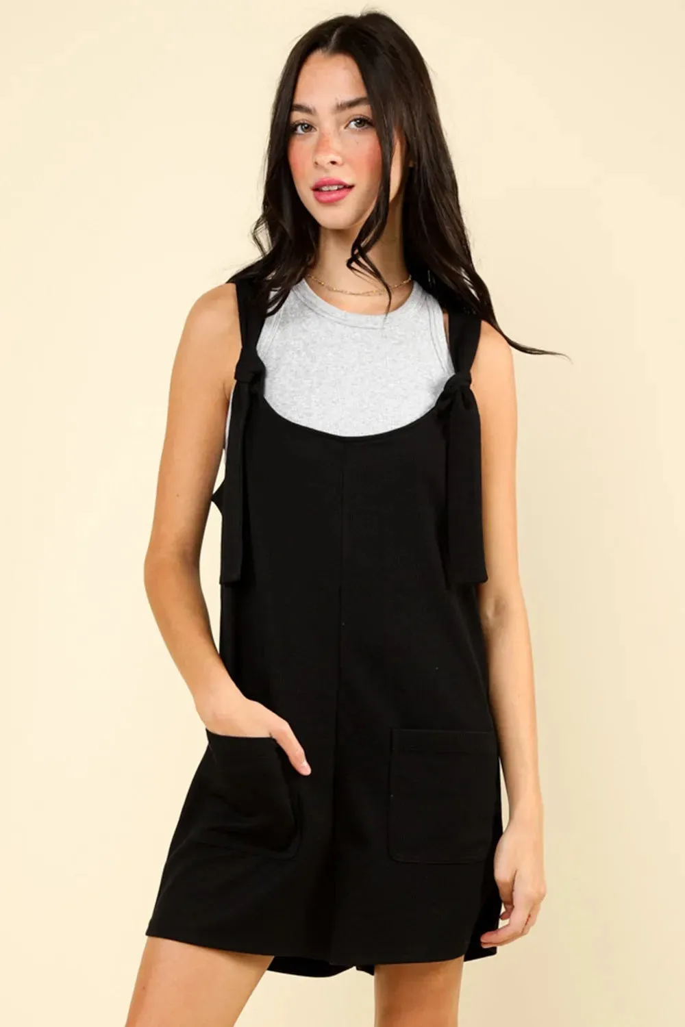 VERY J Tie Shoulder Front Pocket Romper sold by Gigi Laurent