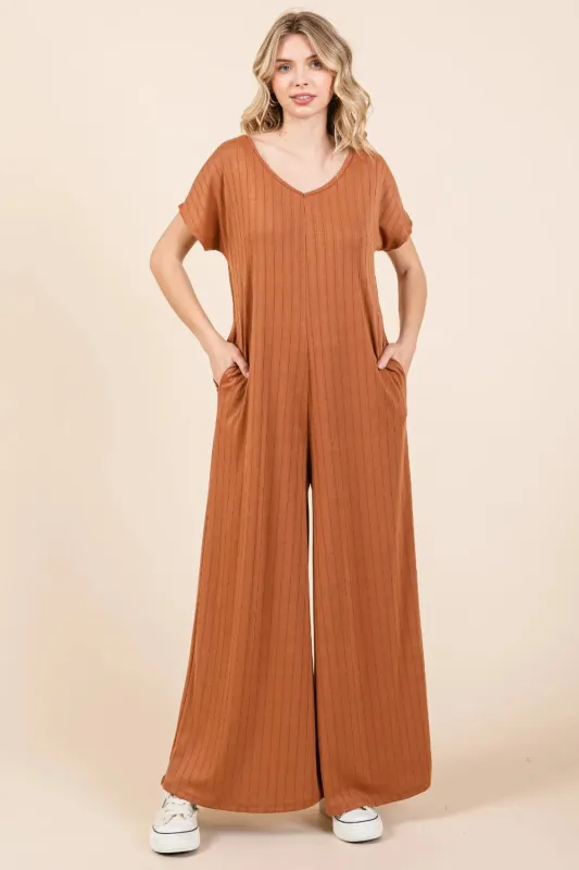 BOMBOM Ribbed Short Sleeve Wide Leg Jumpsuit sold by Gigi Laurent